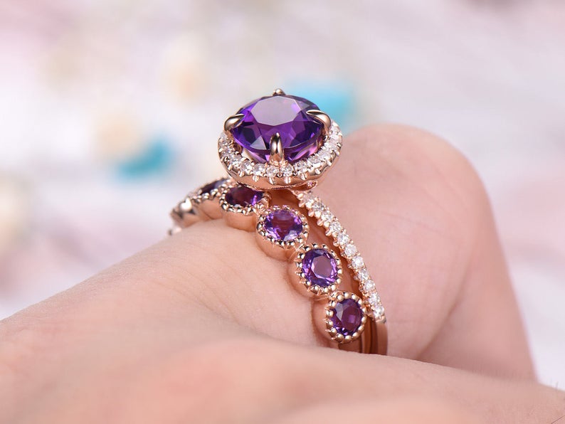 1 CT Round Cut Amethyst Diamond Rose Gold Over On 925 Sterling Silver Wedding Band Bridal Ring Set