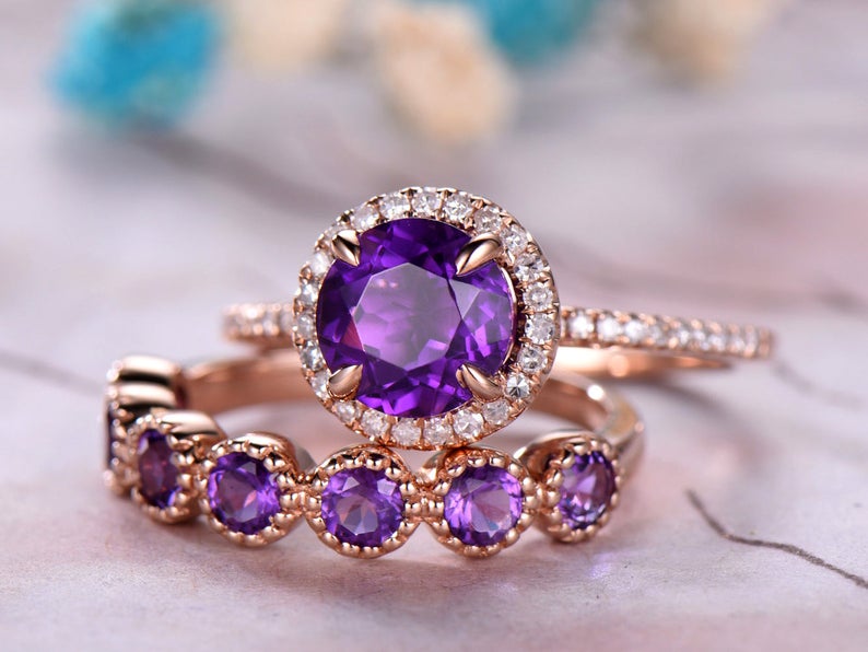 1 CT Round Cut Amethyst Diamond Rose Gold Over On 925 Sterling Silver Wedding Band Bridal Ring Set