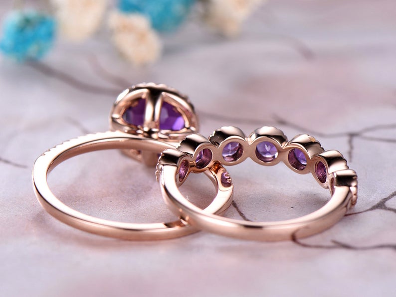 1 CT Round Cut Amethyst Diamond Rose Gold Over On 925 Sterling Silver Wedding Band Bridal Ring Set