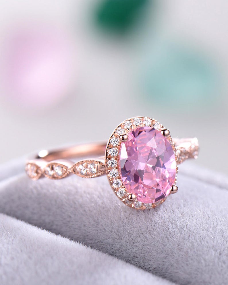2.25 Ct Oval Cut Pink Sapphire Rose Gold Over On 925 Sterling Silver Halo Engagement Ring