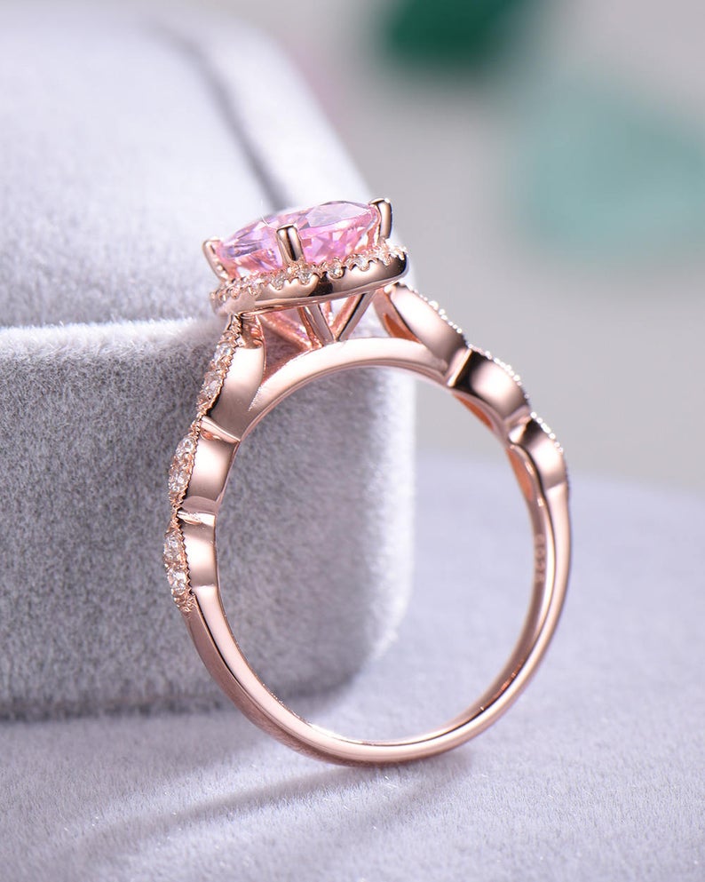 Luxurious Pink Sapphire Halo Radiant Cut Engagement Ring 925+White Gold/Simulated Diamond / 9