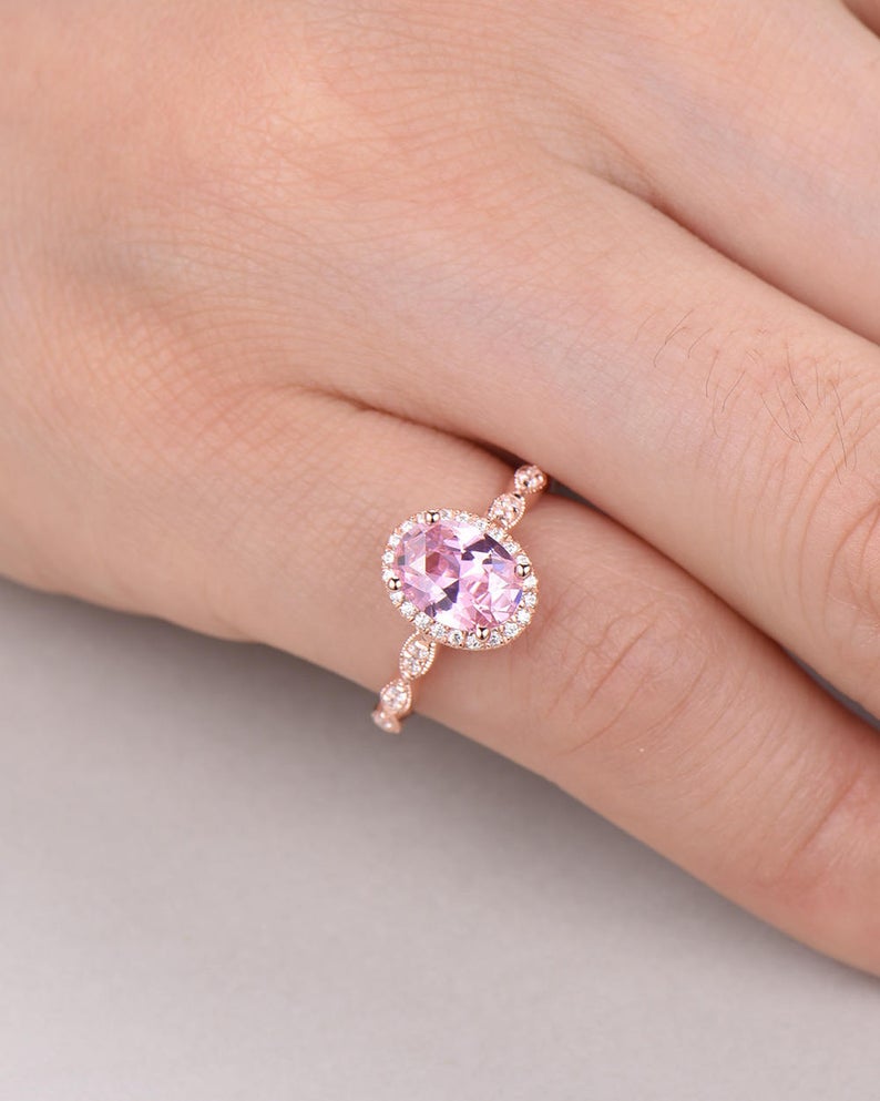 2.25 Ct Oval Cut Pink Sapphire Rose Gold Over On 925 Sterling Silver Halo Engagement Ring