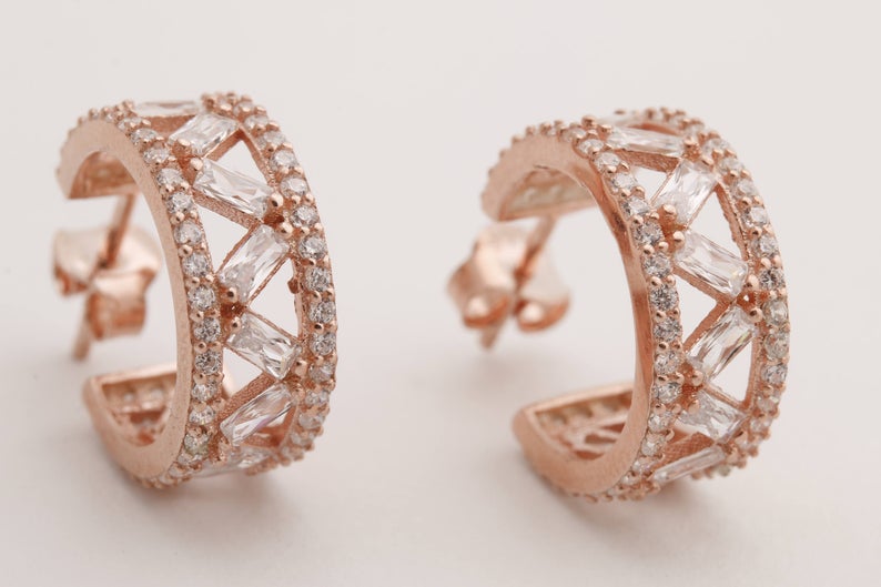 1.75 Ct Baguette Cut Diamond Rose Gold Over On 925 Sterling Silver Push Back Hoop Earrings