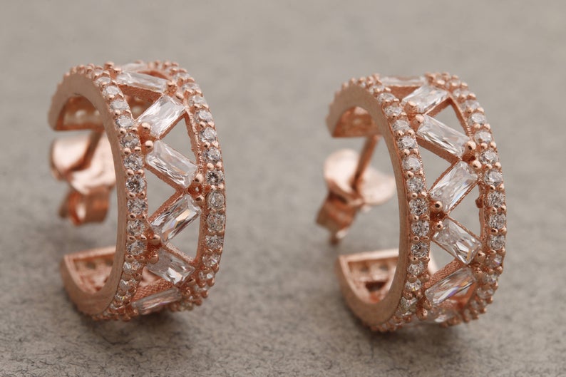 1.75 Ct Baguette Cut Diamond Rose Gold Over On 925 Sterling Silver Push Back Hoop Earrings