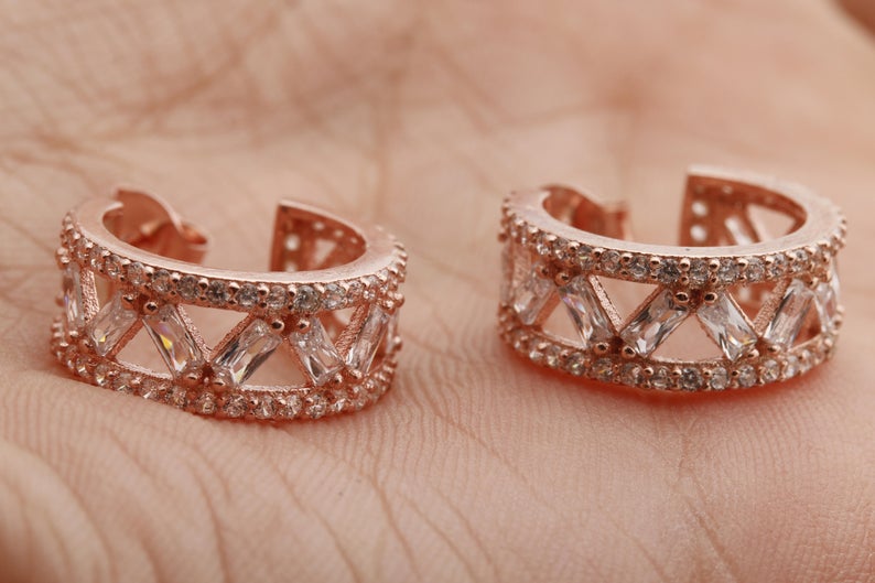 1.75 Ct Baguette Cut Diamond Rose Gold Over On 925 Sterling Silver Push Back Hoop Earrings