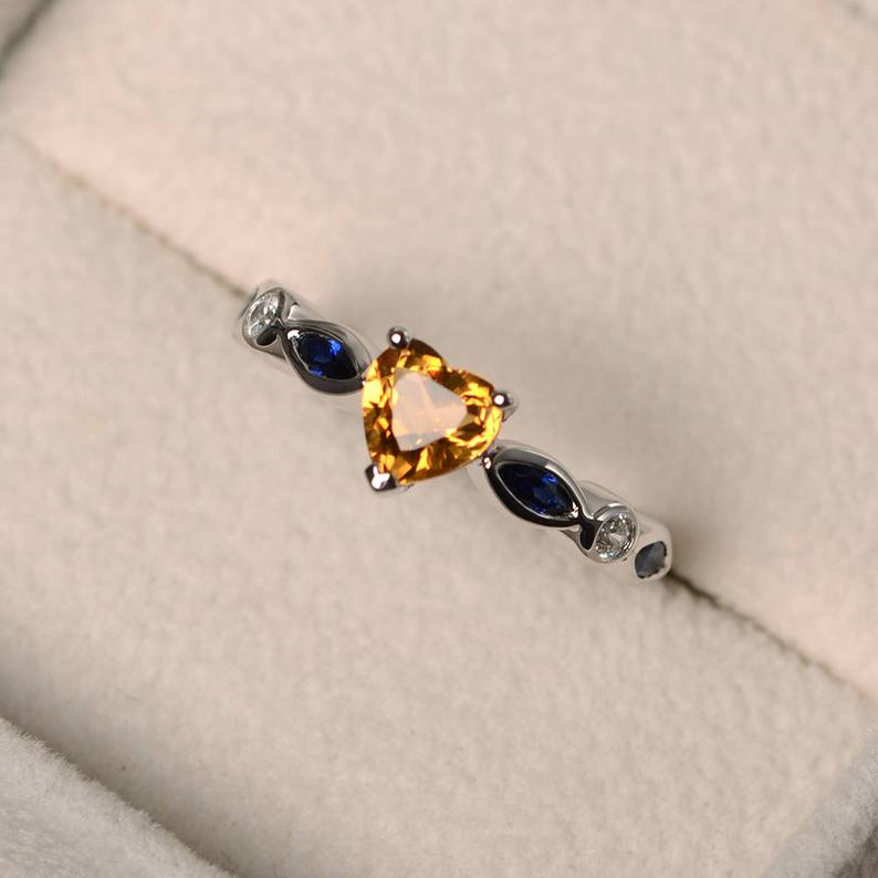 1.75 Ct Heart Cut Yellow Citrine & Marquise Sapphire Solitaire W/Accents Proposal Ring In 925 Sterling Silver