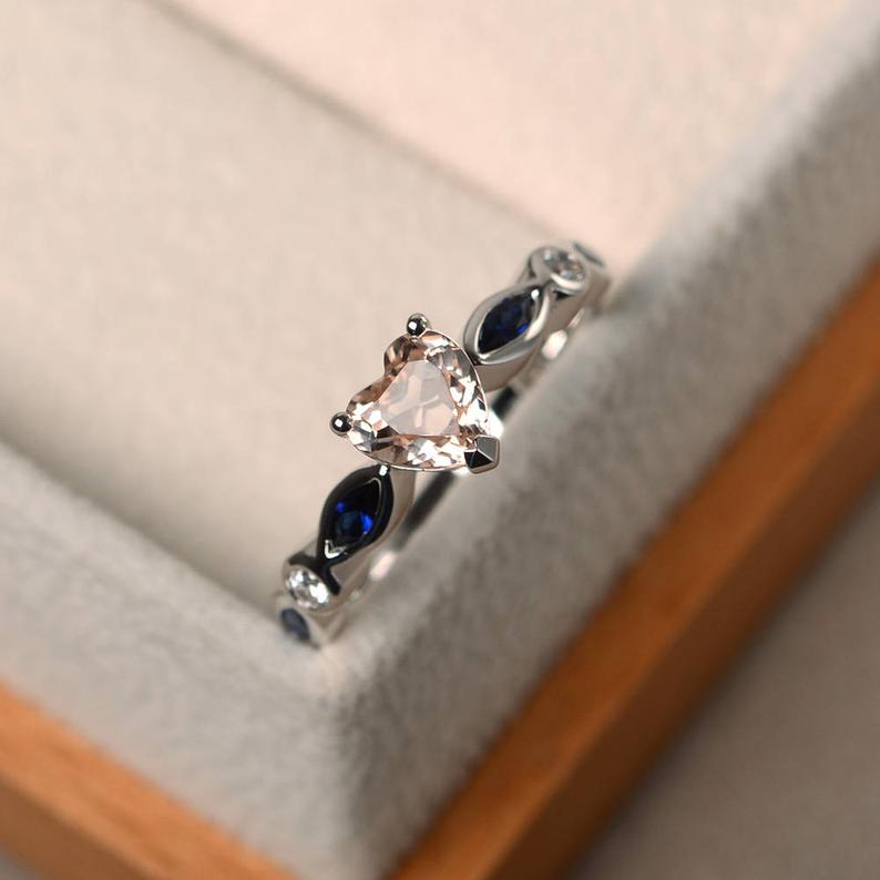 2.50 Ct Heart Cut Morganite & Marquise Blue Sapphire Proposal Ring In 925 Sterling Silver