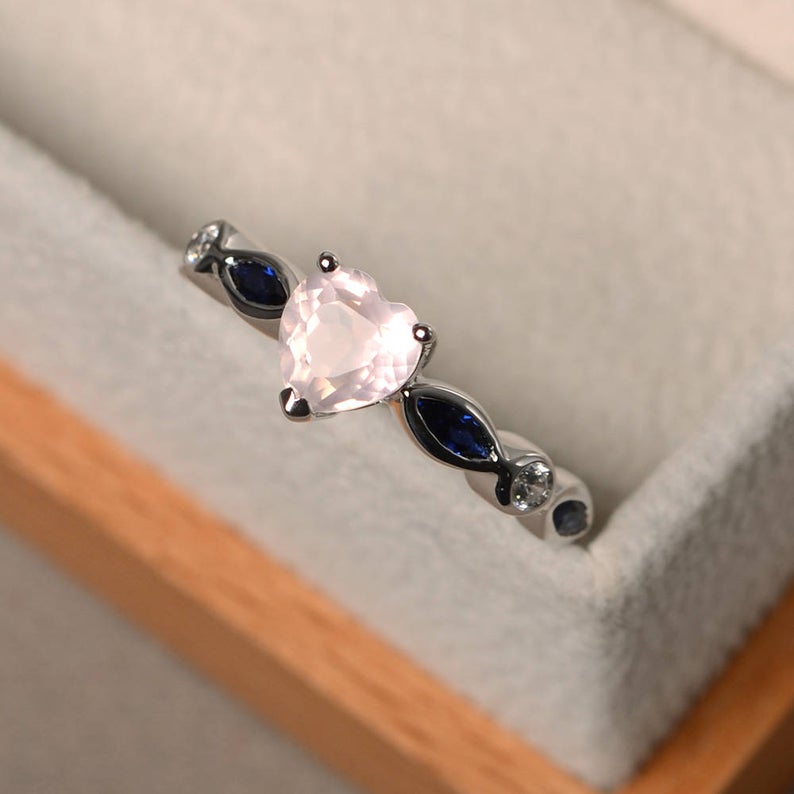1.75 Ct Heart Cut Rose Quartz & Marquise Sapphire Proposal Ring In 925 Sterling Silver