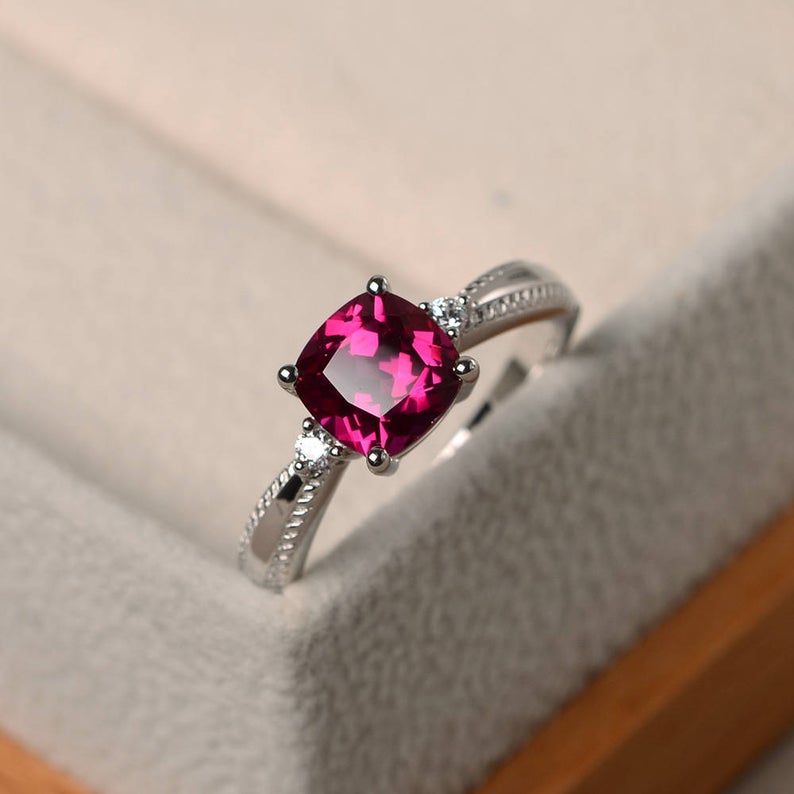1.50 Ct Cushion Cut Red Ruby Three-Stone July Birthstone Ring In 925 Sterling Silver