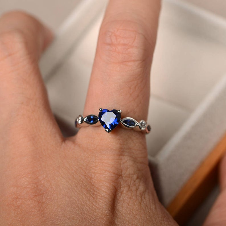 1.75 Ct Heart & Marquise Cut Blue Sapphire 925 Sterling Silver Solitaire Proposal Ring