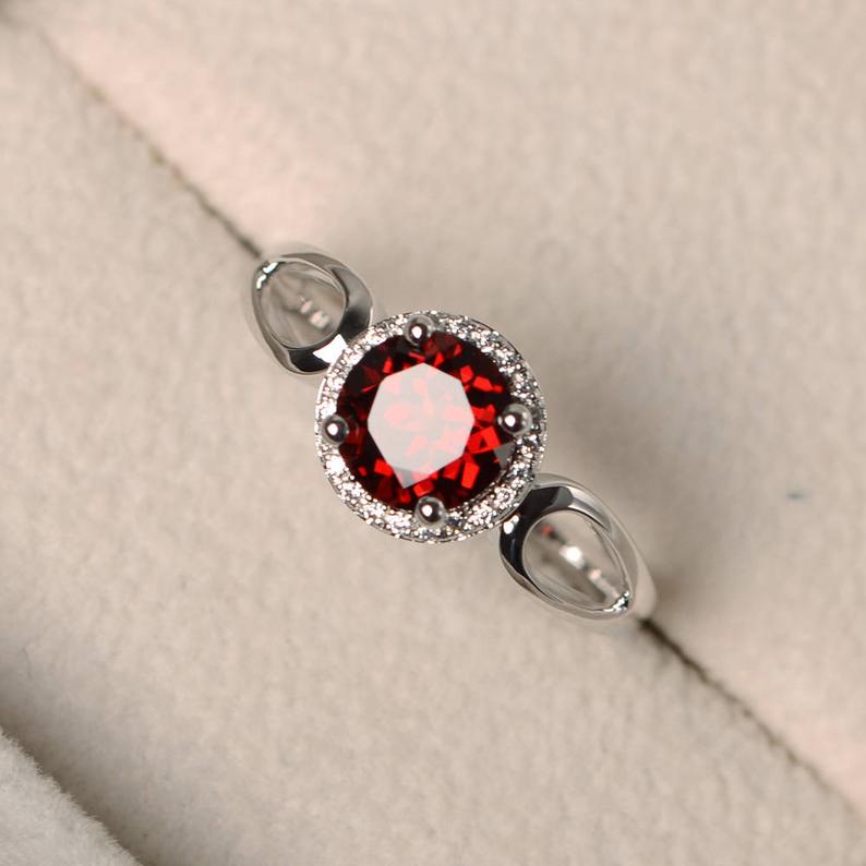 1.50 Ct Round Cut Red Garnet & Round Cz Halo Anniversary Gift Ring In 925 Sterling Silver