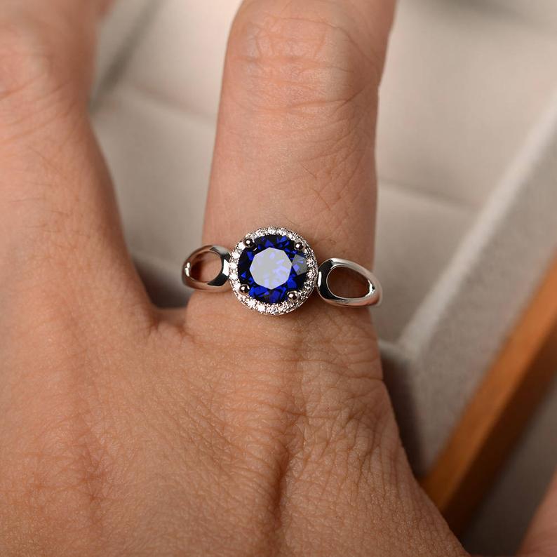 1.20 Ct Round Cut Blue Sapphire 925 Sterling Silver Split Shank Halo Anniversary Gift Ring