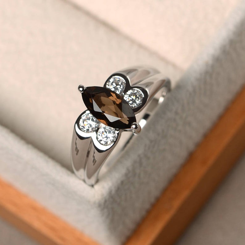 1.50 Ct Marquise Cut Smoky Quartz Diamond Butterfly Style Ring In 925 Sterling Silver