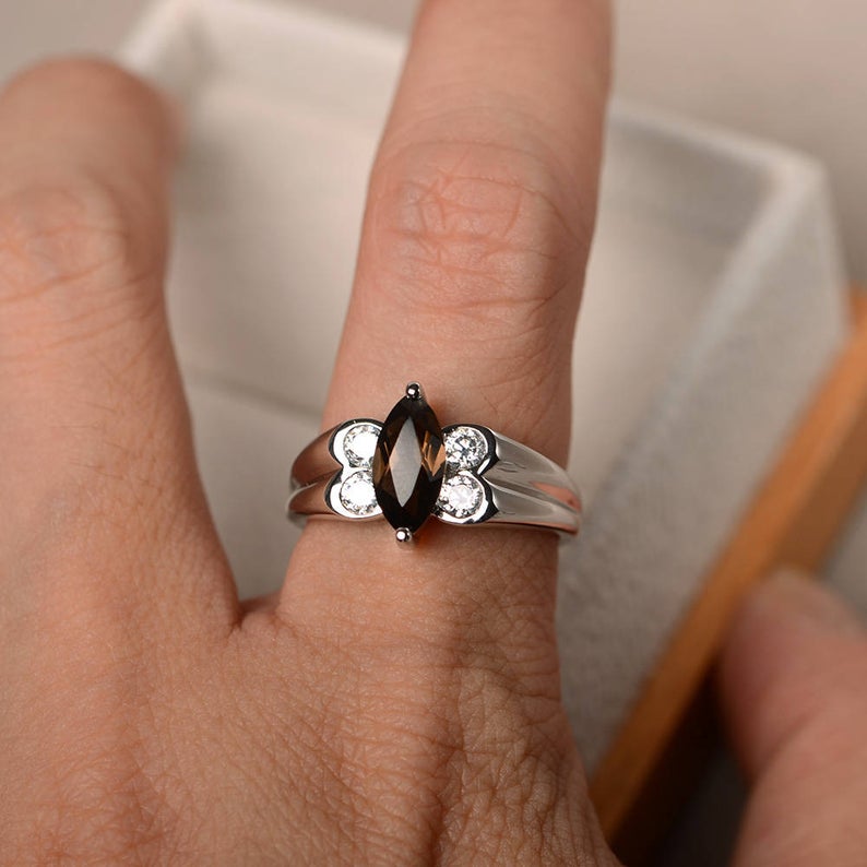 1.50 Ct Marquise Cut Smoky Quartz Diamond Butterfly Style Ring In 925 Sterling Silver