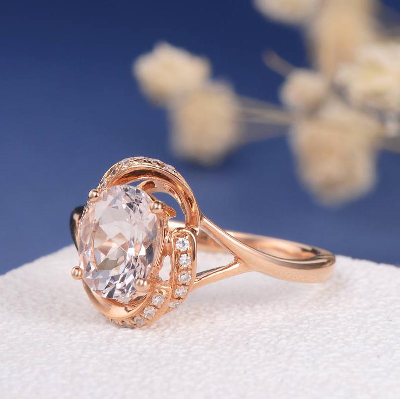 1 CT Oval Cut Morganite Diamond Rose Gold Over On 925 Sterling Silver Halo Split Shank Flower Promise Ring