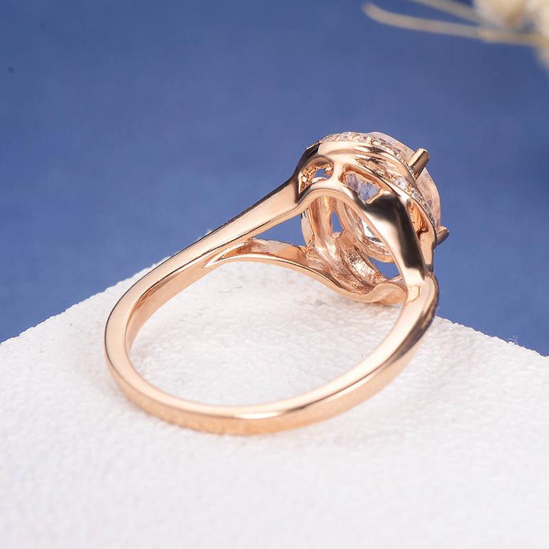 1 CT Oval Cut Morganite Diamond Rose Gold Over On 925 Sterling Silver Halo Split Shank Flower Promise Ring