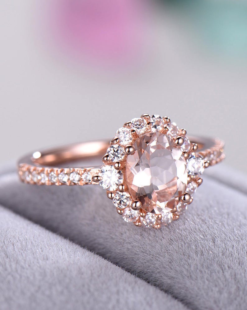 1 CT Oval Cut Morganite Diamond Rose Gold Over On 925 Sterling Silver Women Halo Wedding Ring