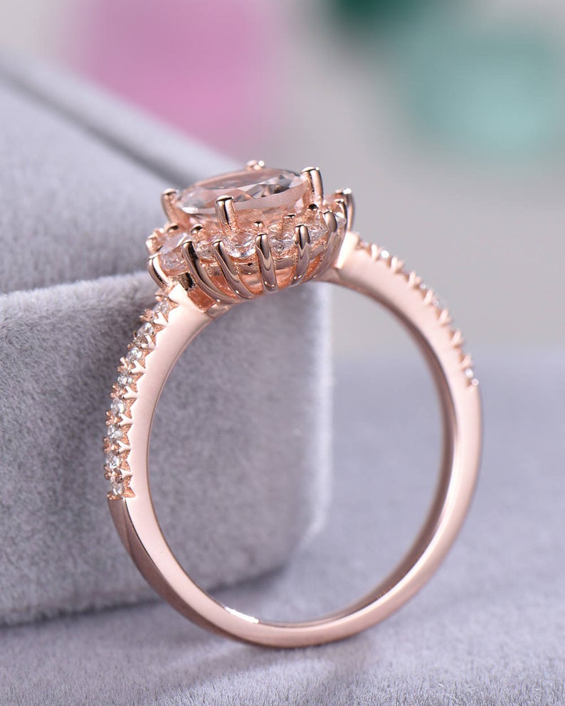 1 CT Oval Cut Morganite Diamond Rose Gold Over On 925 Sterling Silver Women Halo Wedding Ring