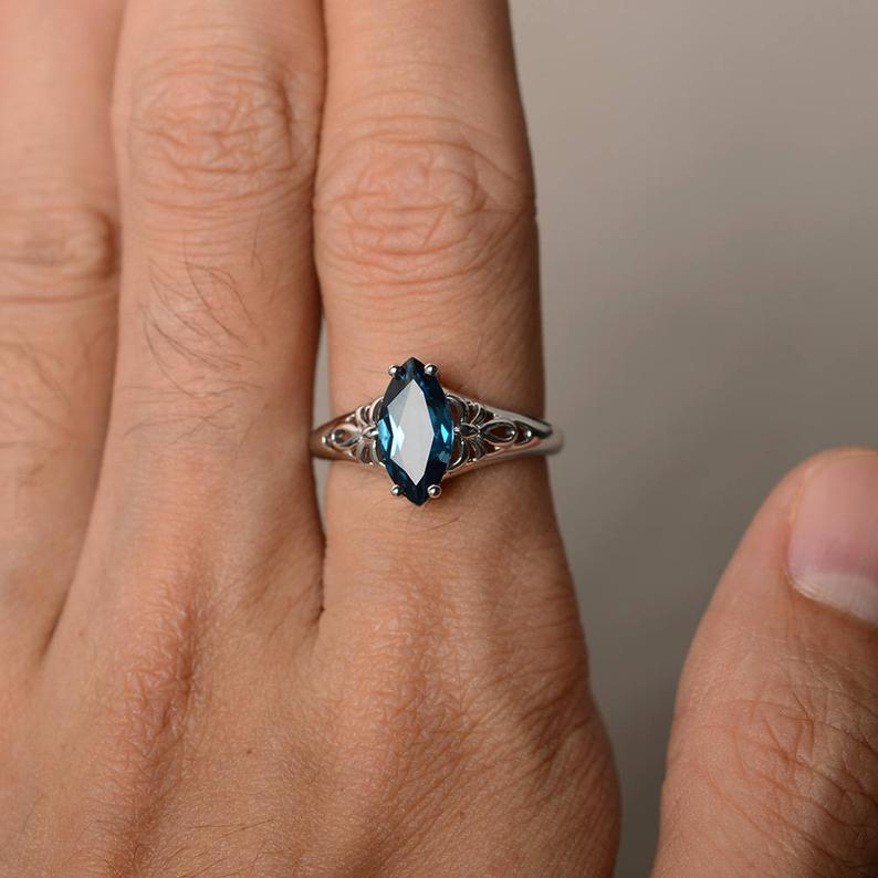 1.00 Ct Marquise Cut London Blue Topaz 925 Sterling Silver Solitaire Anniversary Gift Ring