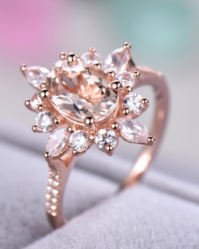 2 CT Oval Cut Morganite CZ Diamond Rose Gold Over On 925 Sterling Silver Halo Anniversary Ring