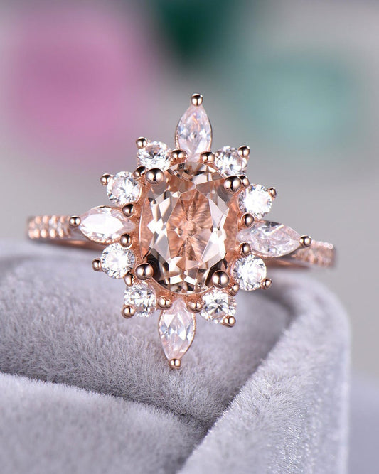 2 CT Oval Cut Morganite CZ Diamond Rose Gold Over On 925 Sterling Silver Halo Anniversary Ring