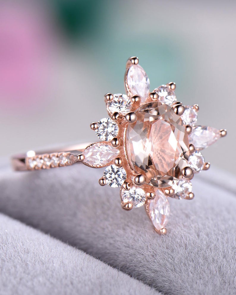 2 CT Oval Cut Morganite CZ Diamond Rose Gold Over On 925 Sterling Silver Halo Anniversary Ring