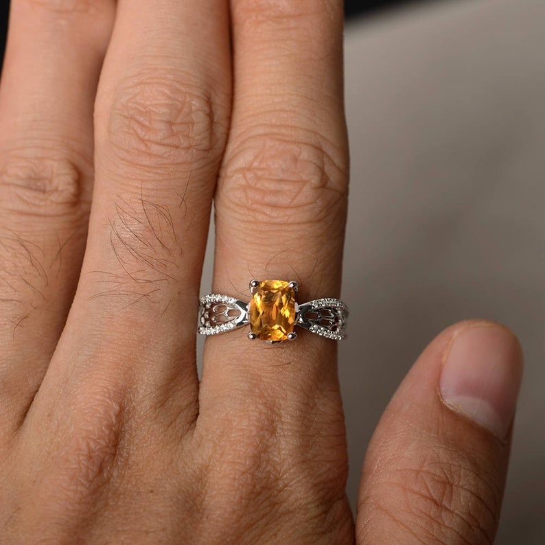 2.20 Ct Cushion Cut Yellow Citrine 925 Sterling Silver Solitaire W/Accents Engagement Ring