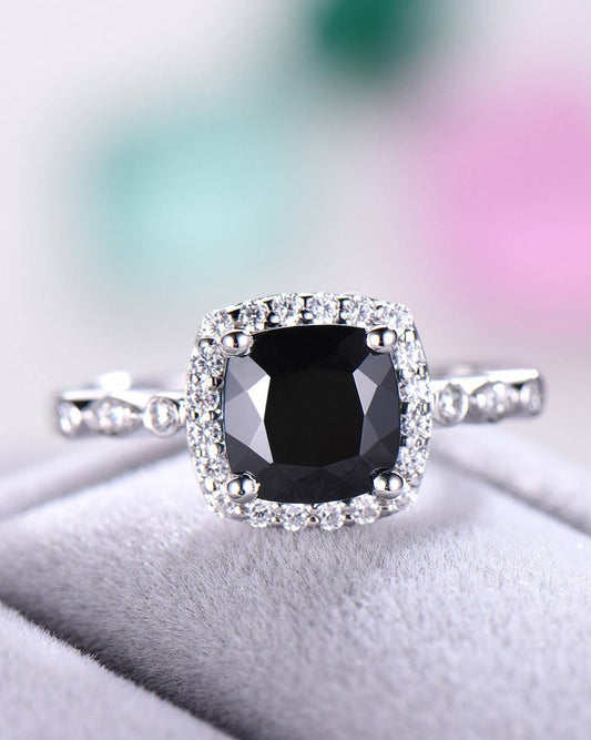 2.25 Ct Cushion Cut Black Diamond Halo Anniversary Gift Ring In 925 Sterling Silver