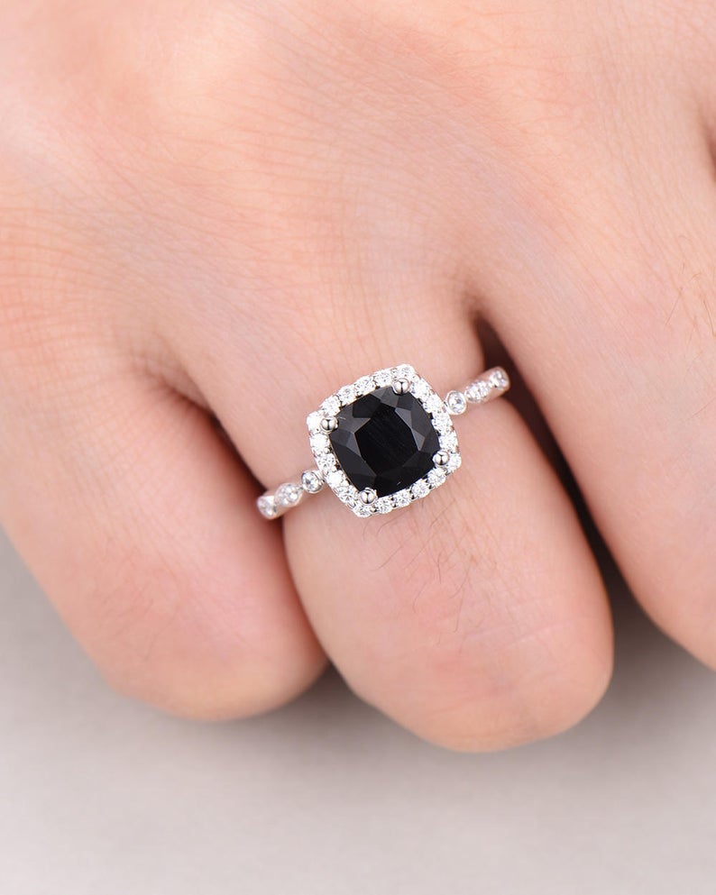 2.25 Ct Cushion Cut Black Diamond Halo Anniversary Gift Ring In 925 Sterling Silver
