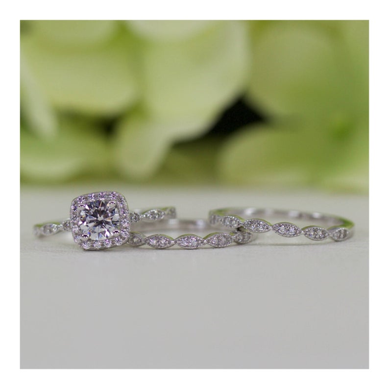 1 CT Cushion Cut CZ Diamond White Gold Over On 925 Sterling Silver Halo Trio Proposal Ring Set