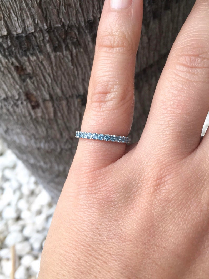 0.75 CT Round Cut Aquamarine Diamond 925 Sterling Silver Full Eternity Band Ring