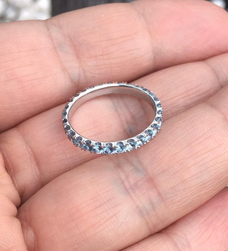 0.75 CT Round Cut Aquamarine Diamond 925 Sterling Silver Full Eternity Band Ring