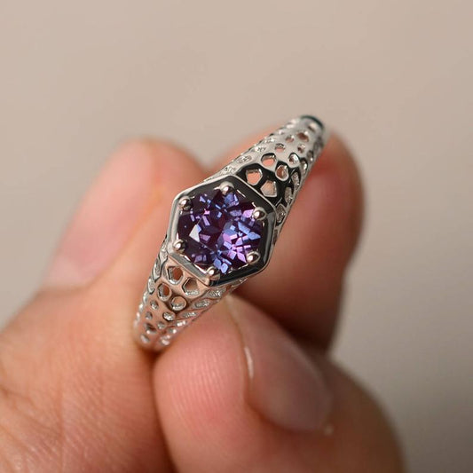 1.50 Ct Round Cut Alexandrite Solitaire Unique Anniversary Gift Ring In 925 Sterling Silver