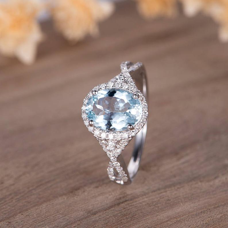 1 CT Oval Cut Aquamarine Diamond White Gold Over On 925 Sterling Silver Halo Infinity Band Ring