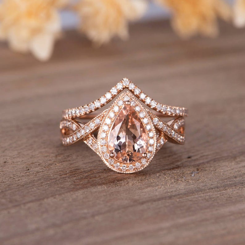 1 CT Pear Cut Morganite Diamond 925 Sterling Silver Anniversary Bridal Ring Set