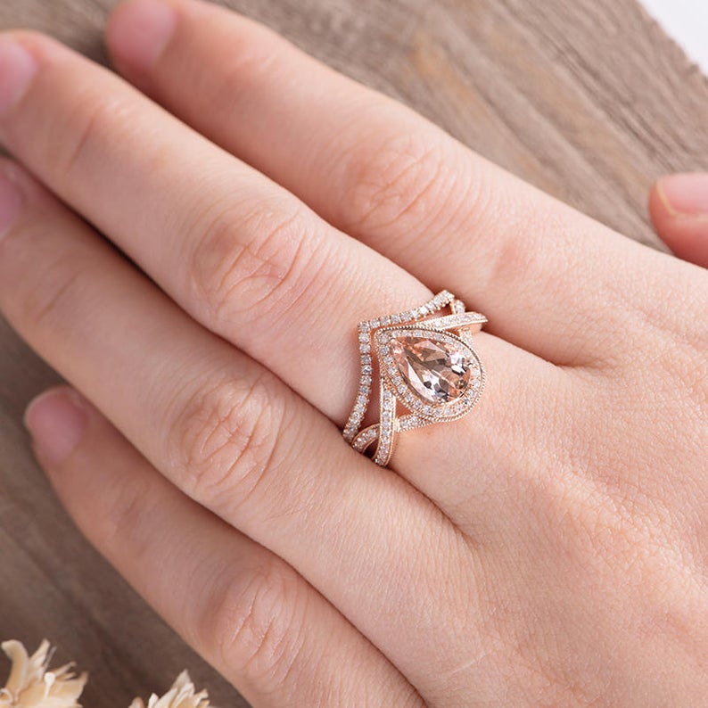 1 CT Pear Cut Morganite Diamond 925 Sterling Silver Anniversary Bridal Ring Set