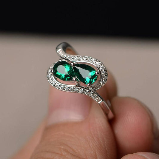 2.50 Ct Pear Cut Green Emerald & White CZ Bypass Promise Ring In 925 Sterling Silver