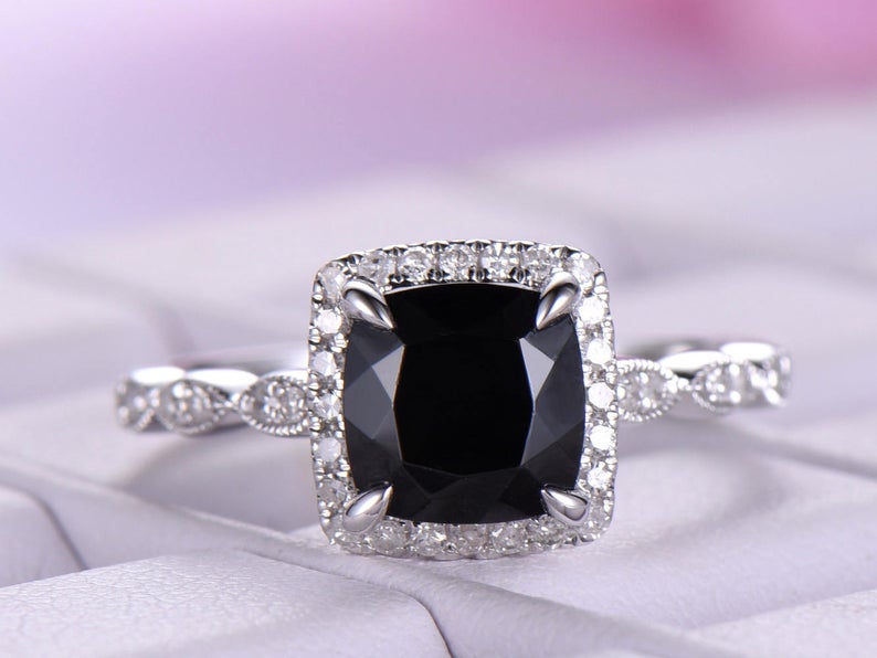 1.75 Ct Cushion Cut Black Diamond 925 Sterling Silver Unique Anniversary Gift Halo Ring - atjewels.in