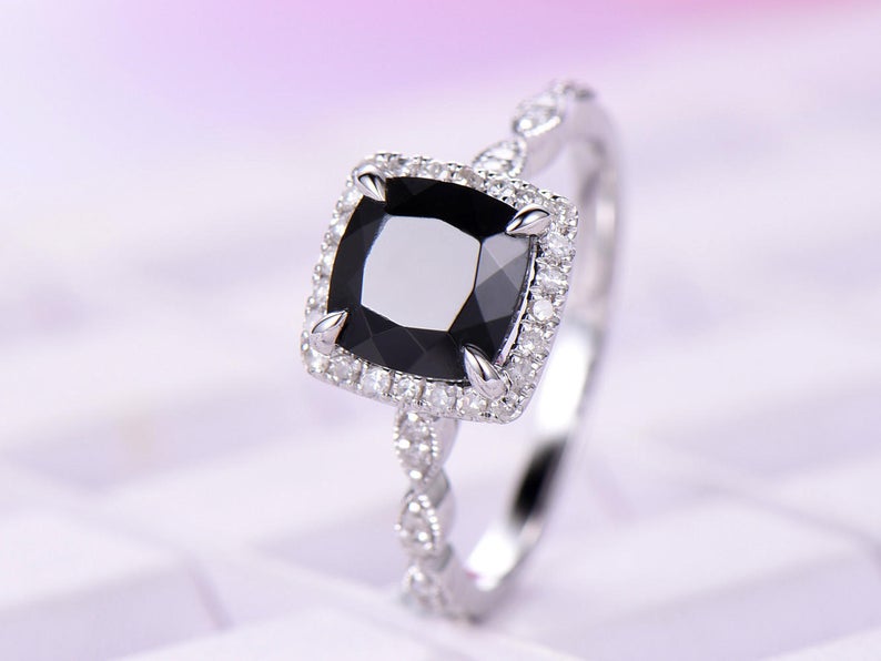 1.75 Ct Cushion Cut Black Diamond 925 Sterling Silver Unique Anniversary Gift Halo Ring - atjewels.in