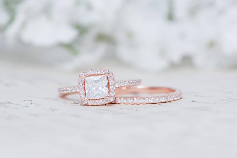 1 CT Cushion Cut Diamond 925 Sterling Silver Women's Halo Wedding Ring Set