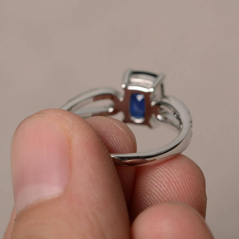 1 CT Cushion Cut Blue Sapphire Diamond 925 Sterling Silver Solitaire Promise Ring