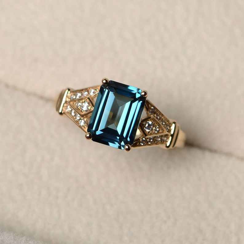 2.75 Ct Emerald Cut London Blue Topaz Yellow Gold Over On 925 Sterling Silver Unique Engagement Ring