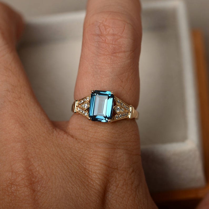 2.75 Ct Emerald Cut London Blue Topaz Yellow Gold Over On 925 Sterling Silver Unique Engagement Ring