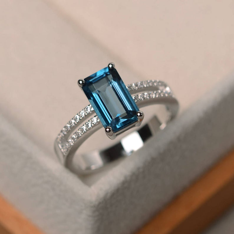 2.10 Ct Emerald Cut London Blue Topaz 925 Sterling Silver Solitaire W/Accents Engagement Ring