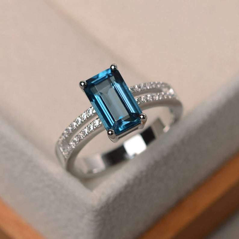 2.10 Ct Emerald Cut London Blue Topaz 925 Sterling Silver Solitaire W/Accents Engagement Ring