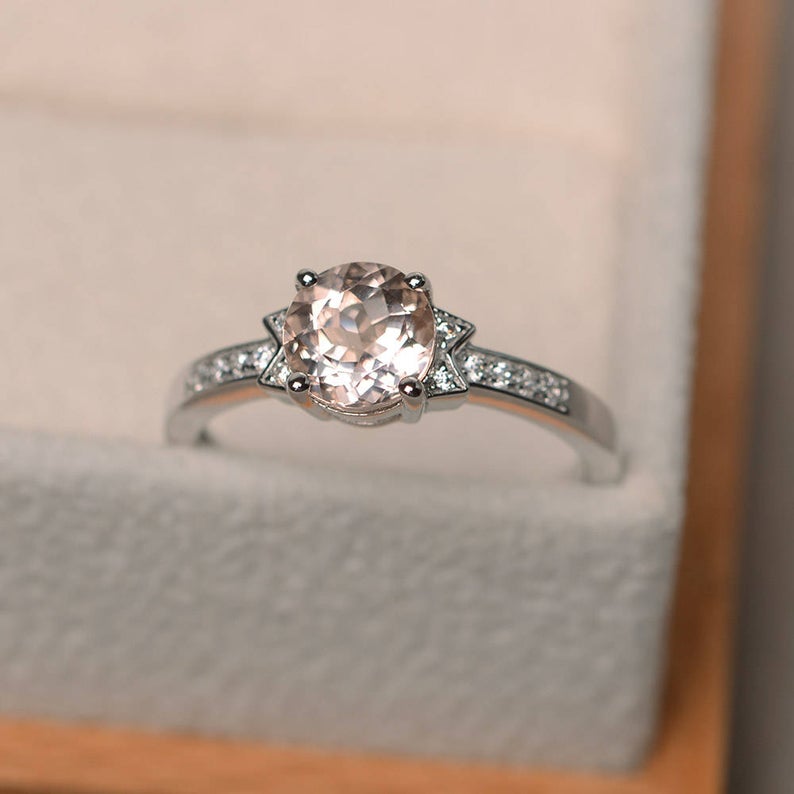 1.25 Ct Round Cut Peach Morganite & CZ Solitaire W/Accents Promise Gift Ring In 925 Sterling Silver