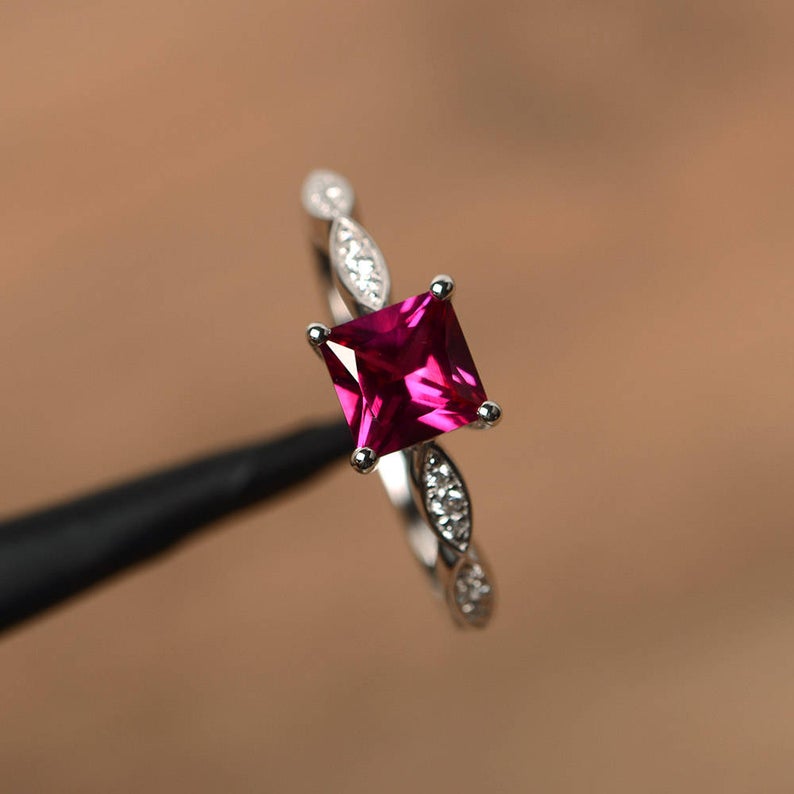 1.20 Ct Princess Cut Pink Ruby 925 Sterling Silver Solitaire W/Accents Promise Gift Ring