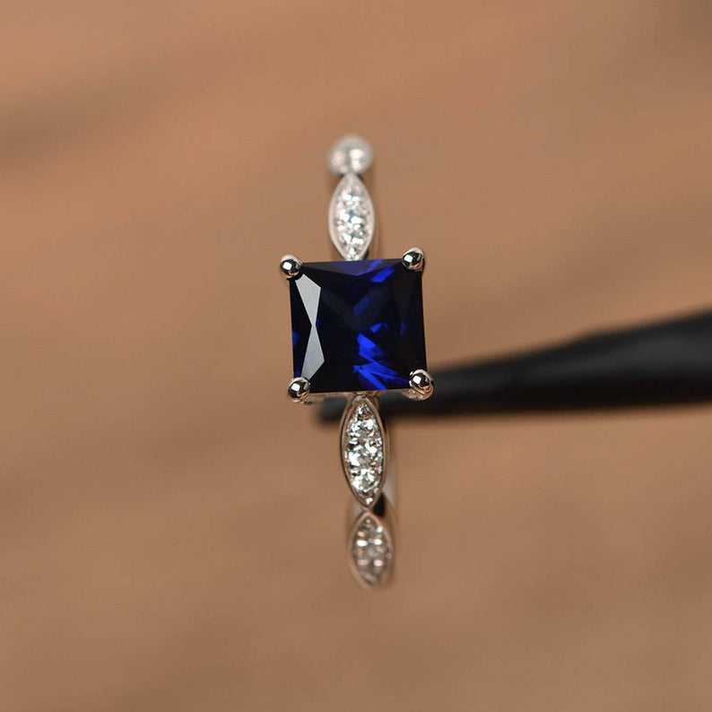 1.25 Ct Princess Cut Blue Sapphire Solitaire W/Accents Anniversary Gift Ring In 925 Sterling Silver