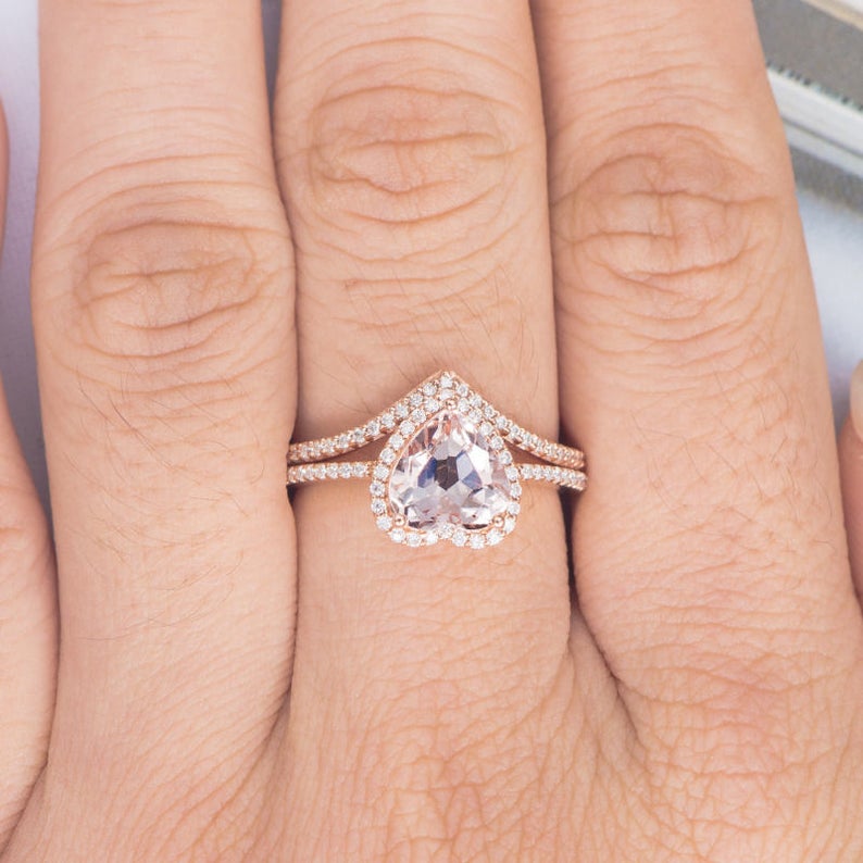 1 CT Heart Cut Morganite Diamond Rose Gold Over On 925 Sterling Silver Halo Wedding Ring