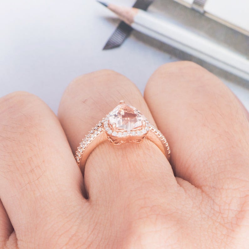 1 CT Heart Cut Morganite Diamond Rose Gold Over On 925 Sterling Silver Halo Wedding Ring